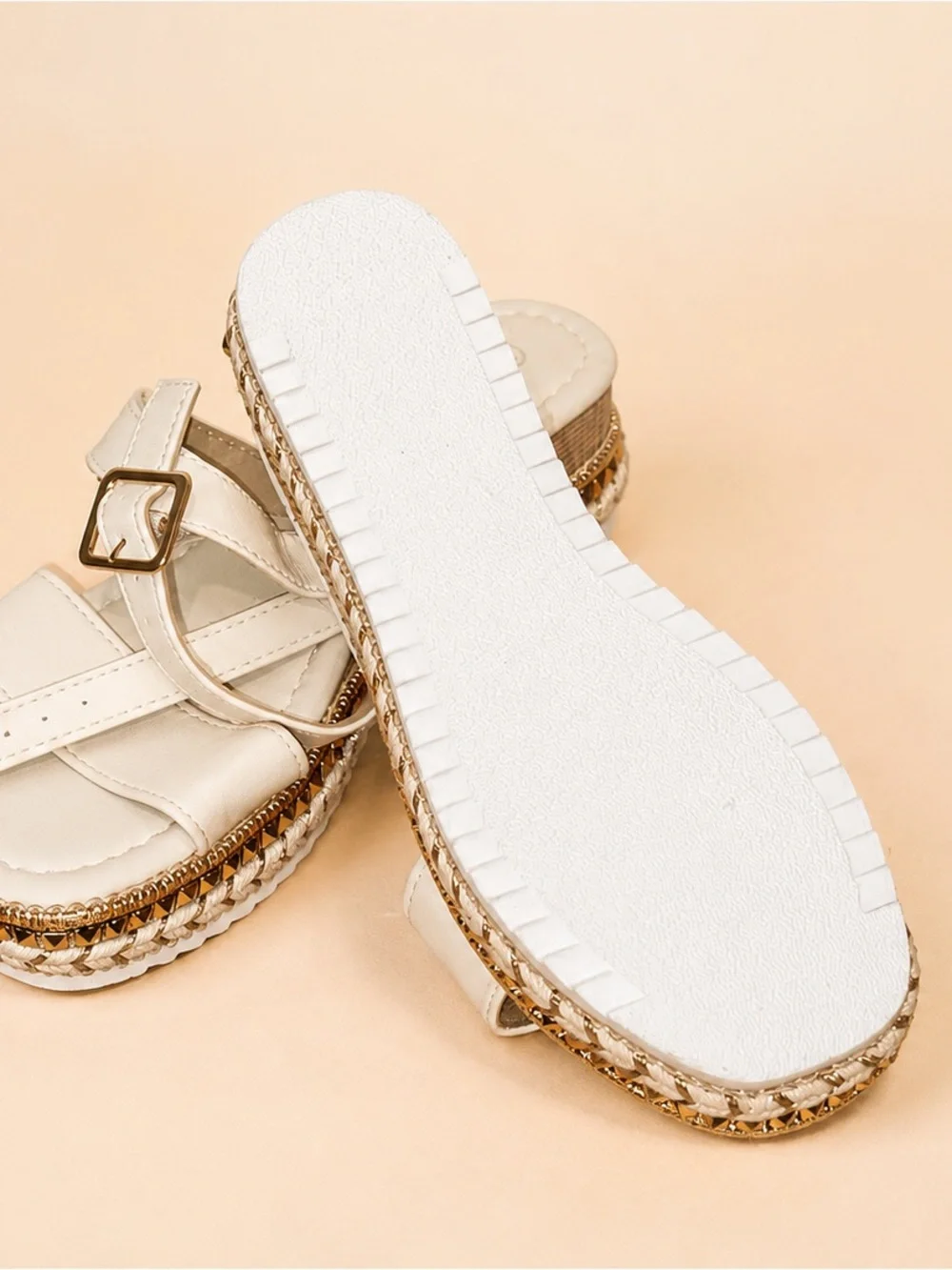🆕 Cream Platform Sandals with Gold Braided Trim • Boho Resort Slides • US 8